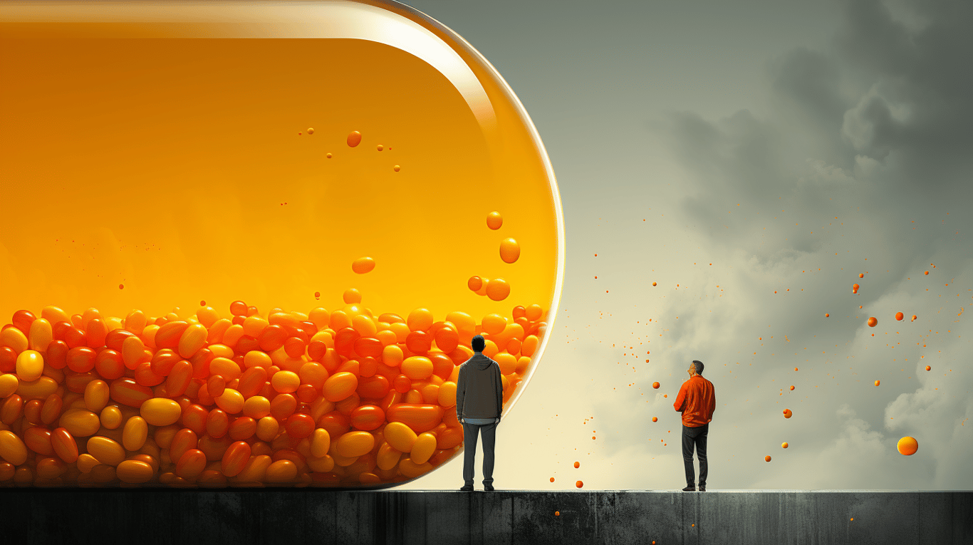 abstract image of a researcher studying a bottle of drug.