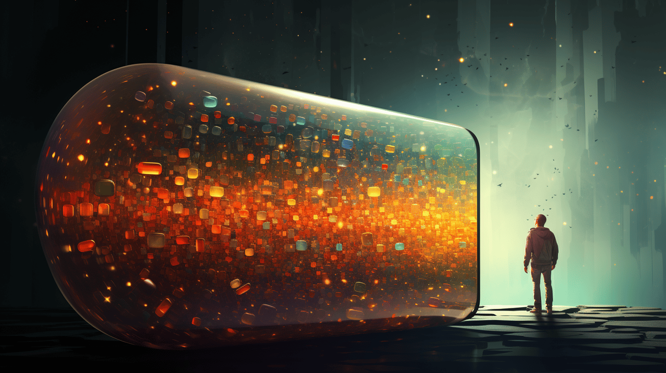 abstract image of a researcher studying a bottle of drug.