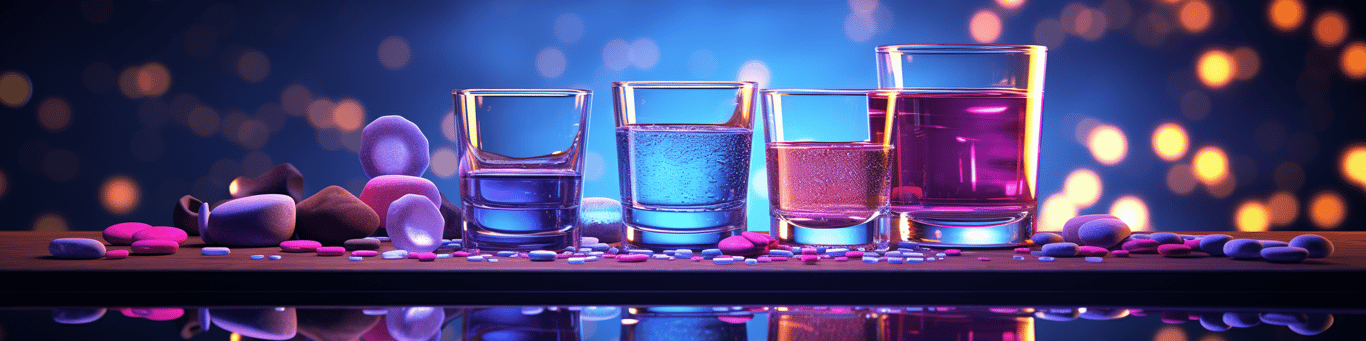 image of drug pills surrounding a glass of water symbolizing drug consumption