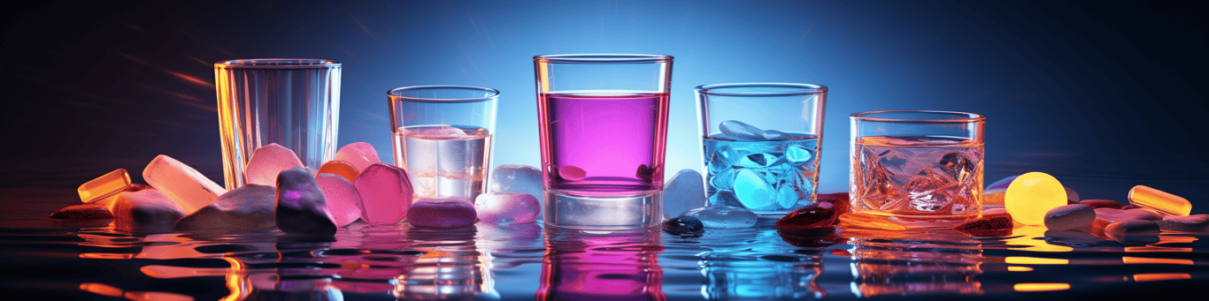 image of drug pills surrounding a glass of water symbolizing drug consumption