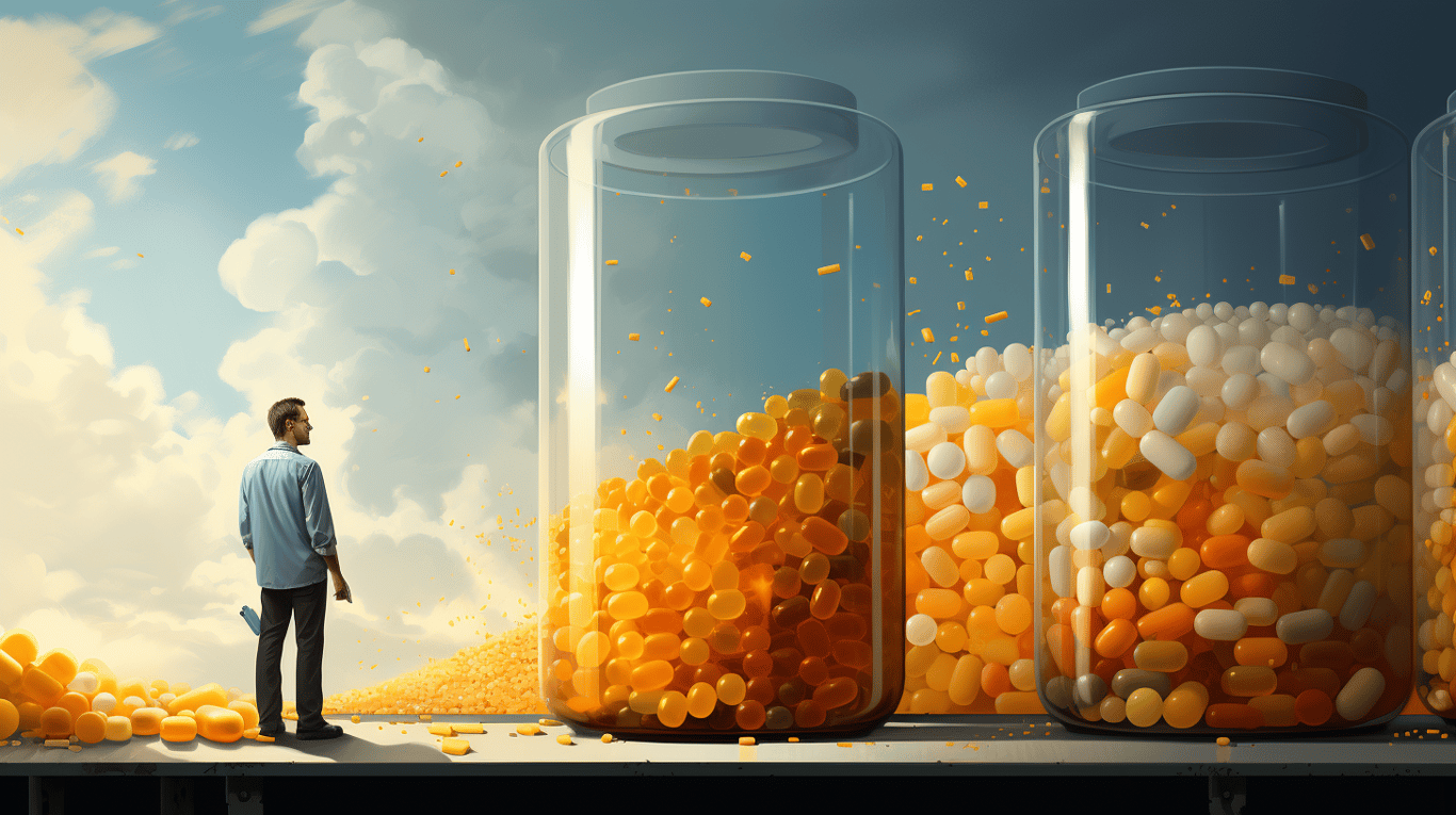 abstract image of a researcher studying a bottle of drug.