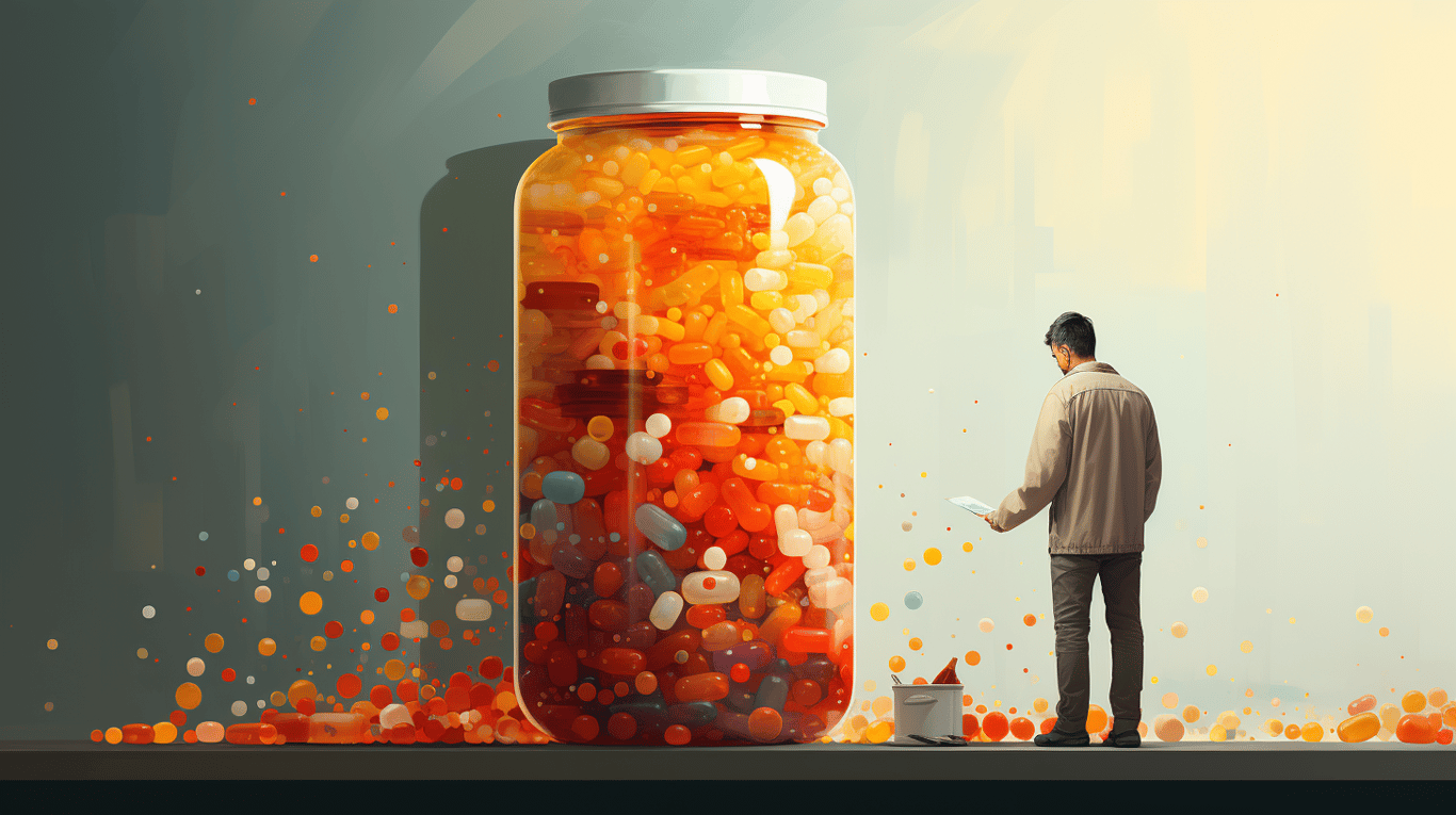 abstract image of a researcher studying a bottle of drug.