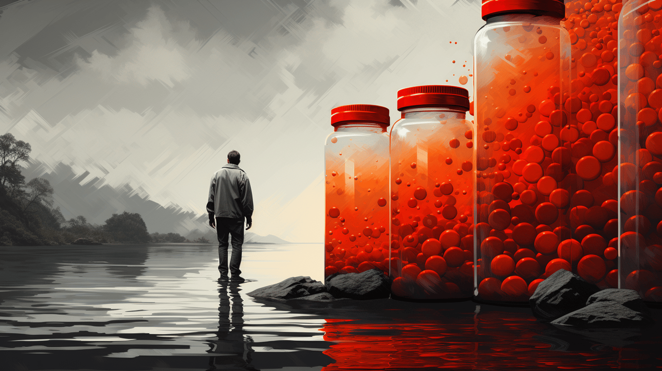 abstract image of a researcher studying a bottle of drug.