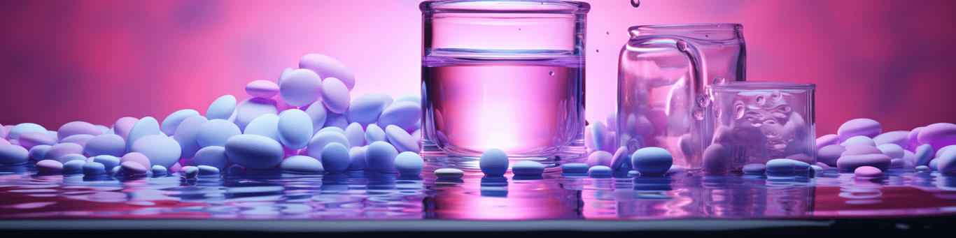 image of drug pills surrounding a glass of water symbolizing drug consumption