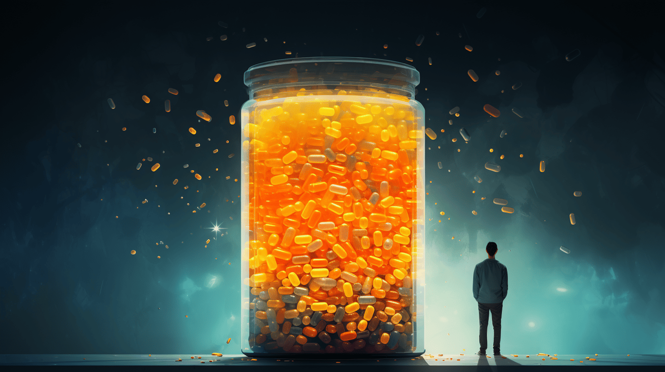 abstract image of a researcher studying a bottle of drug.