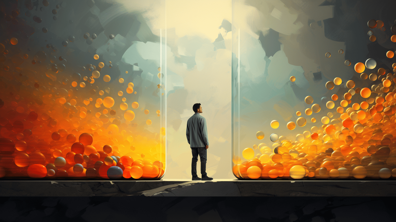 abstract image of a researcher studying a bottle of drug.