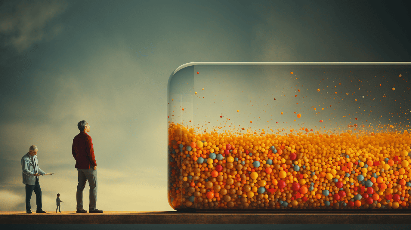 abstract image of a researcher studying a bottle of drug.