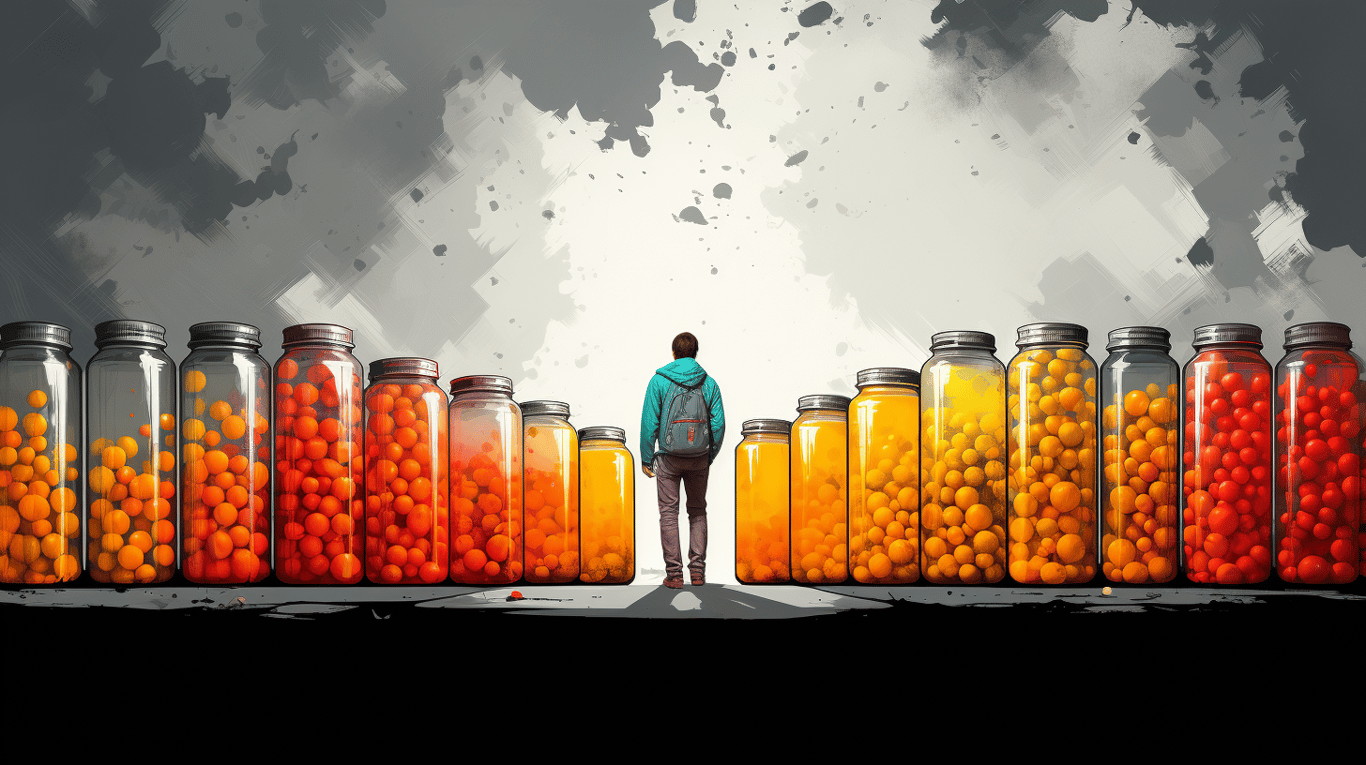 abstract image of a researcher studying a bottle of drug.