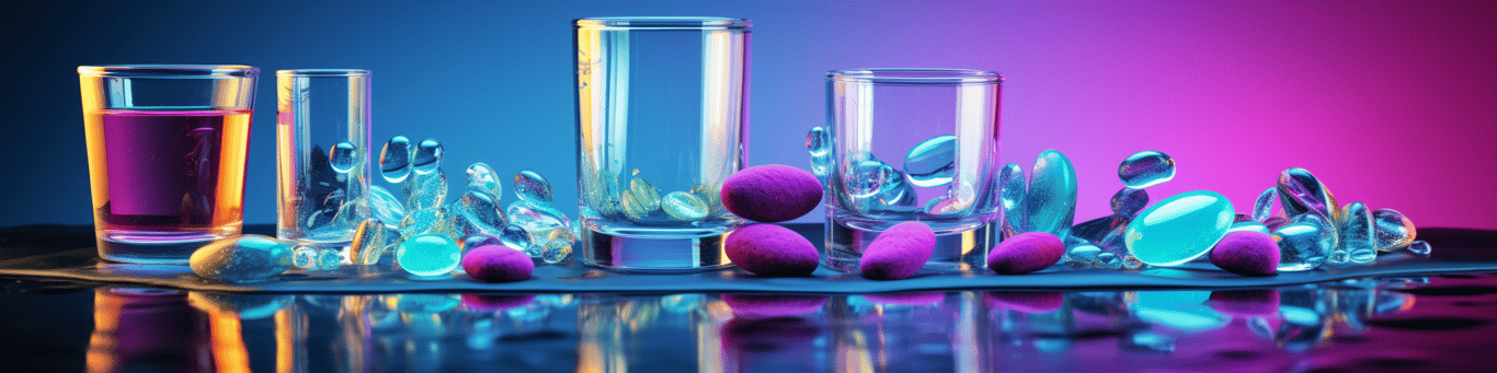 image of drug pills surrounding a glass of water symbolizing drug consumption