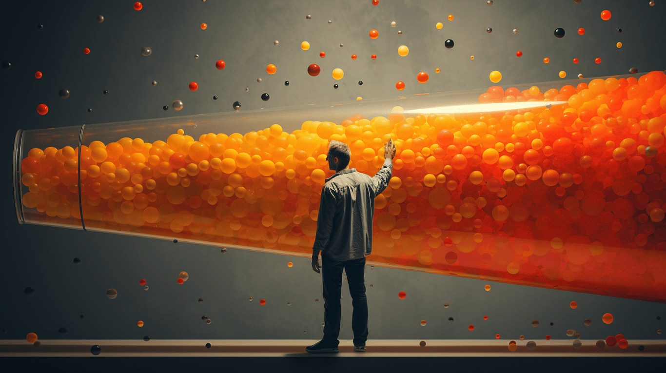 abstract image of a researcher studying a bottle of drug.