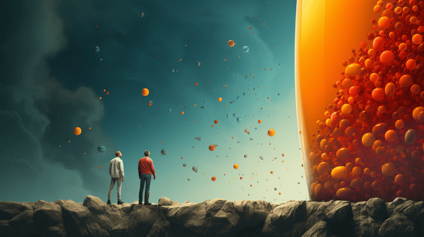 abstract image of a researcher studying a bottle of drug.