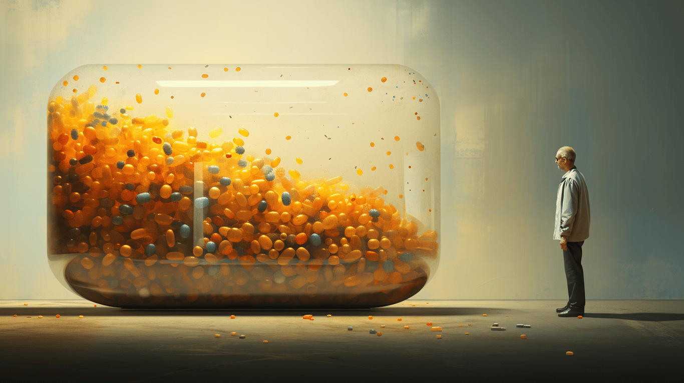 abstract image of a researcher studying a bottle of drug.