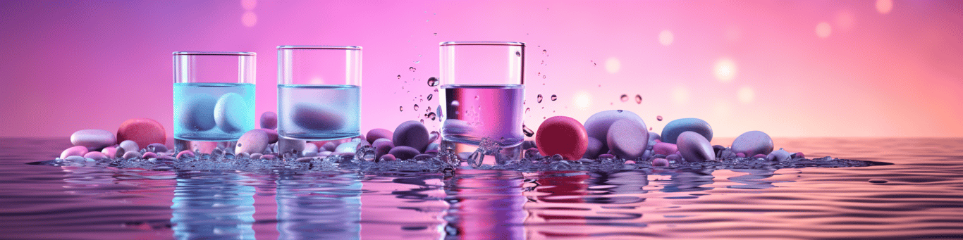 image of drug pills surrounding a glass of water symbolizing drug consumption