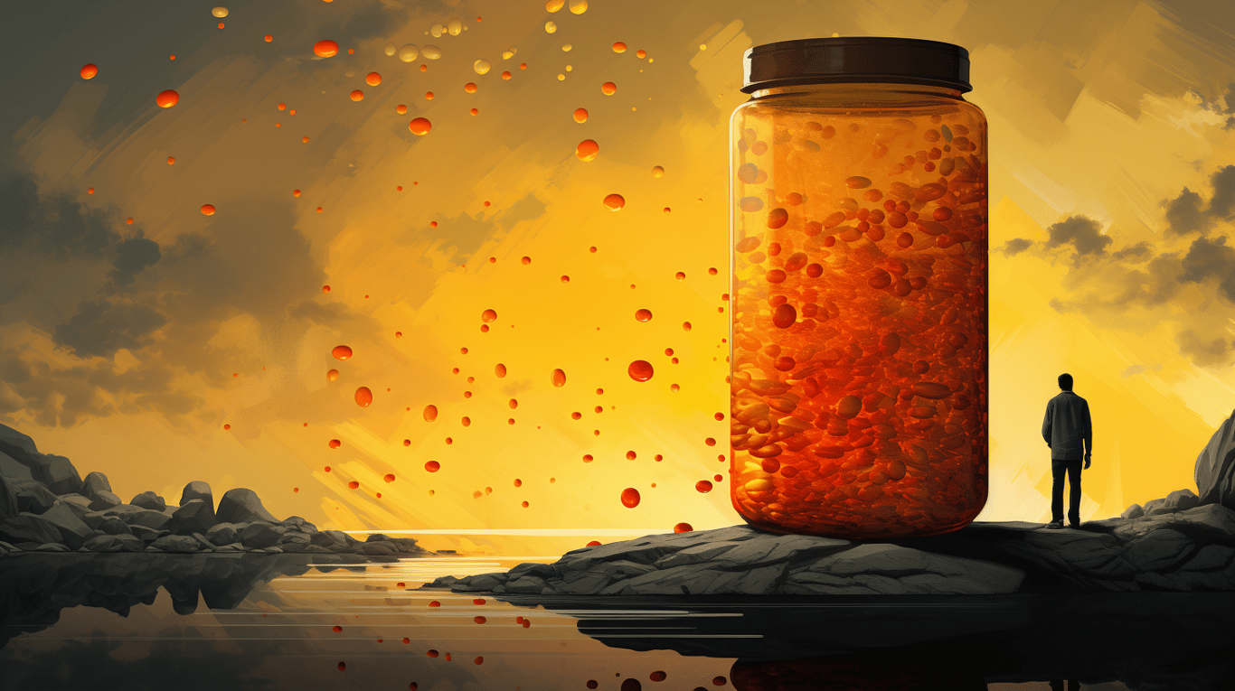 abstract image of a researcher studying a bottle of drug.