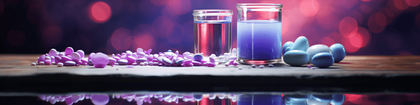 image of drug pills surrounding a glass of water symbolizing drug consumption