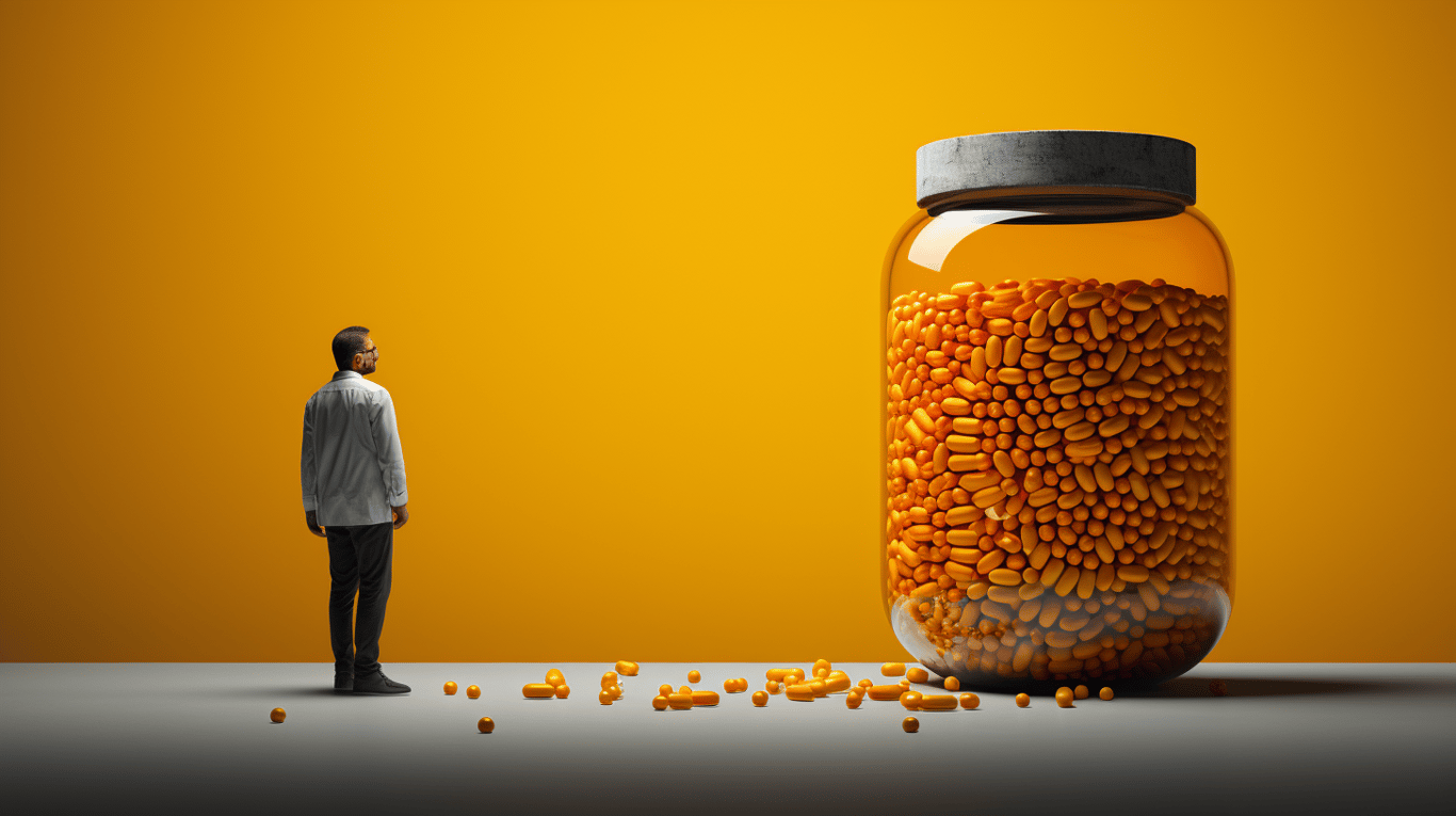 abstract image of a researcher studying a bottle of drug.