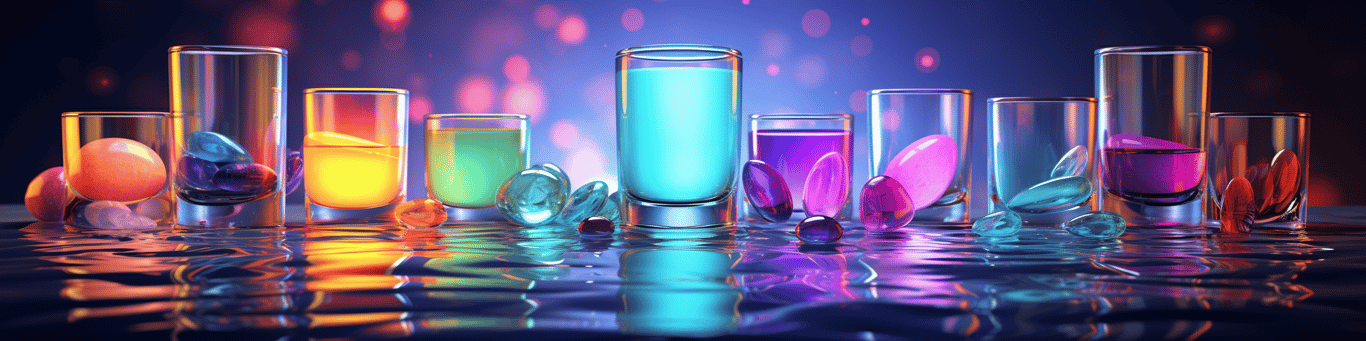 image of drug pills surrounding a glass of water symbolizing drug consumption