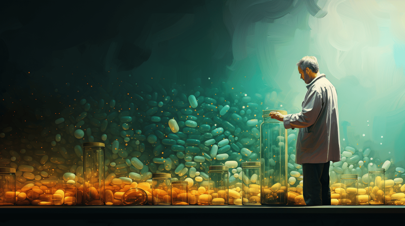 abstract image of a researcher studying a bottle of drug.