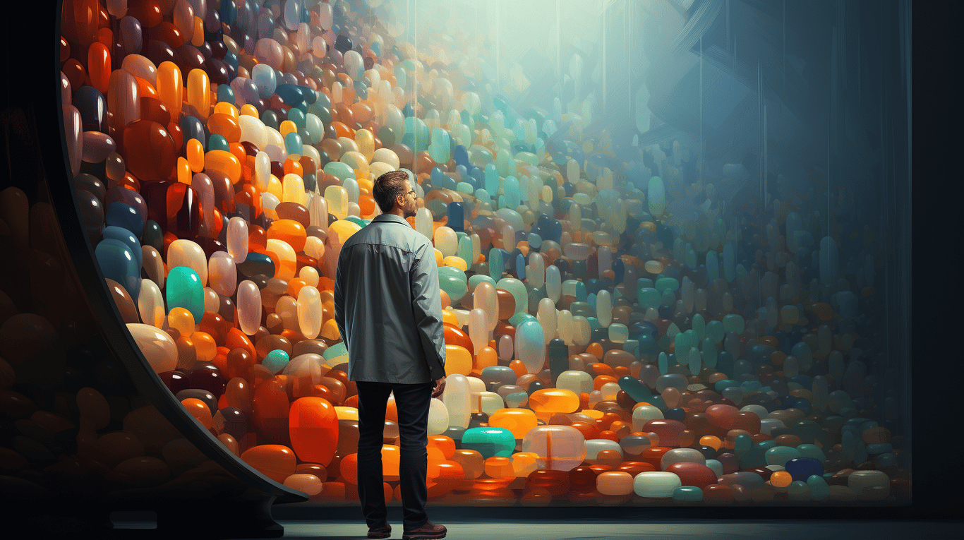 abstract image of a researcher studying a bottle of drug.