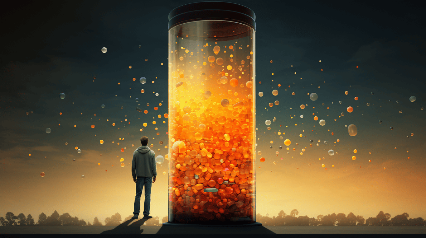 abstract image of a researcher studying a bottle of drug.