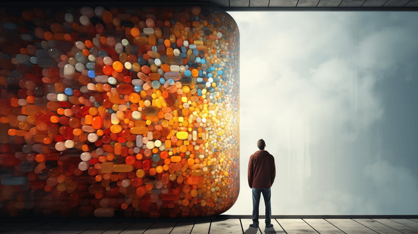 abstract image of a researcher studying a bottle of drug.