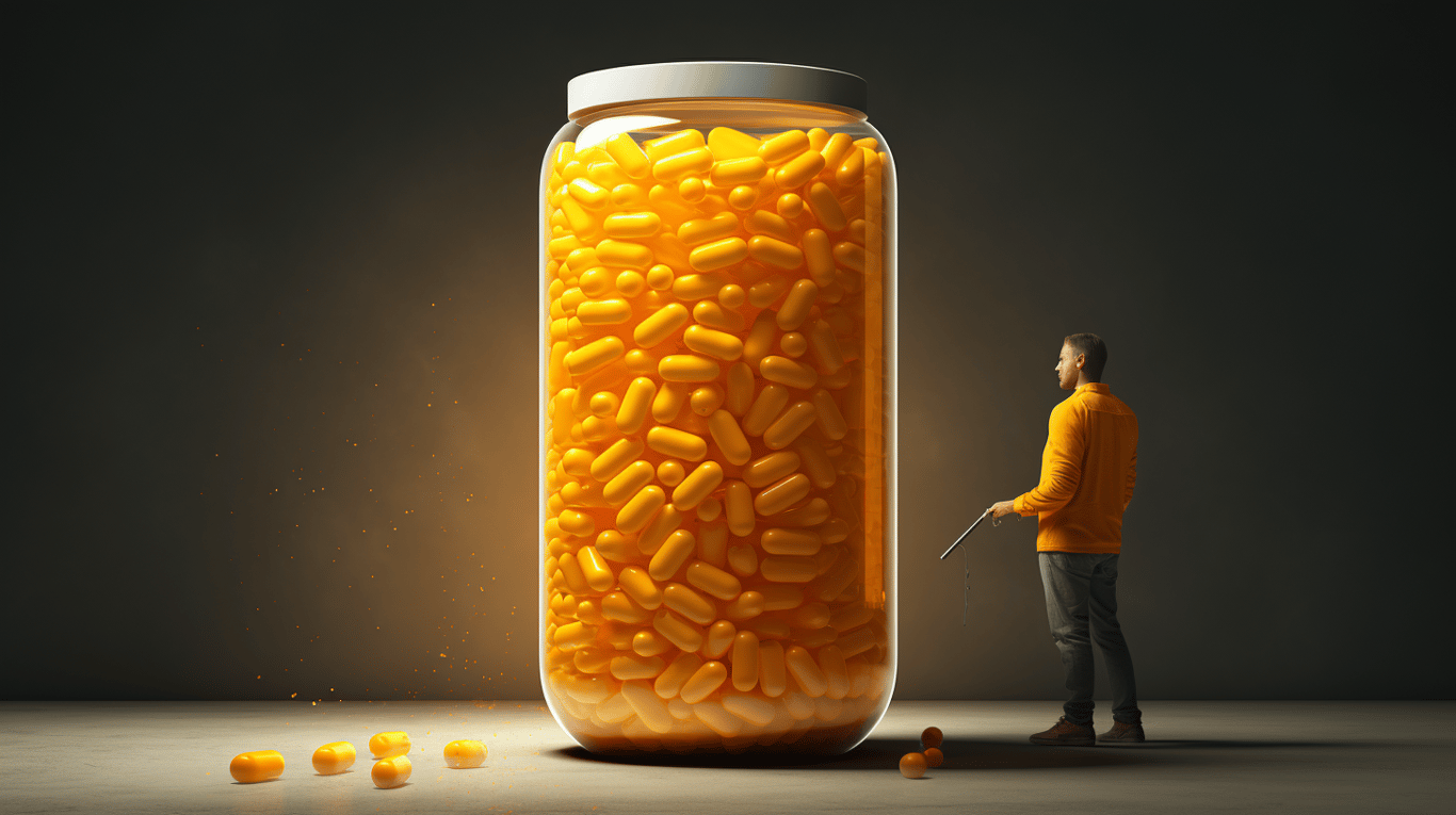 abstract image of a researcher studying a bottle of drug.