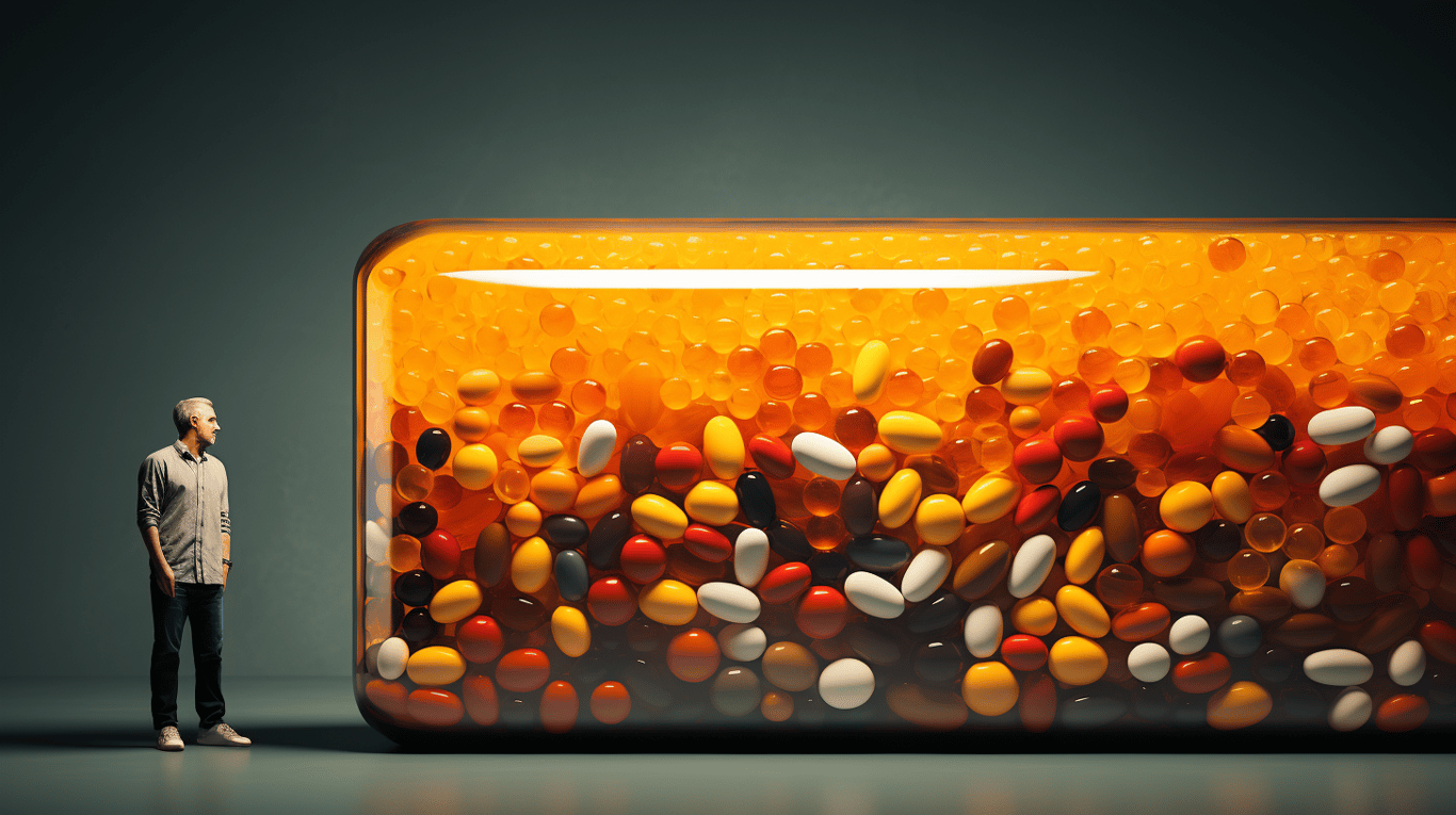 abstract image of a researcher studying a bottle of drug.