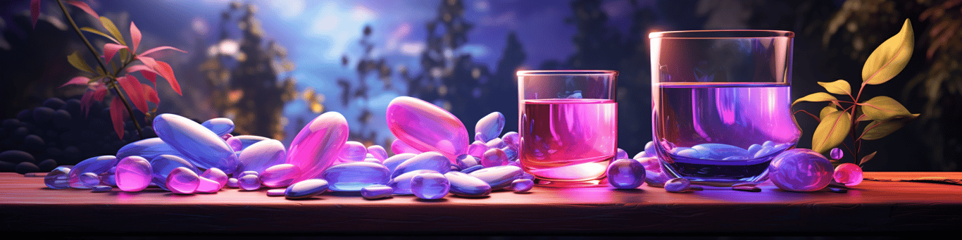 image of drug pills surrounding a glass of water symbolizing drug consumption