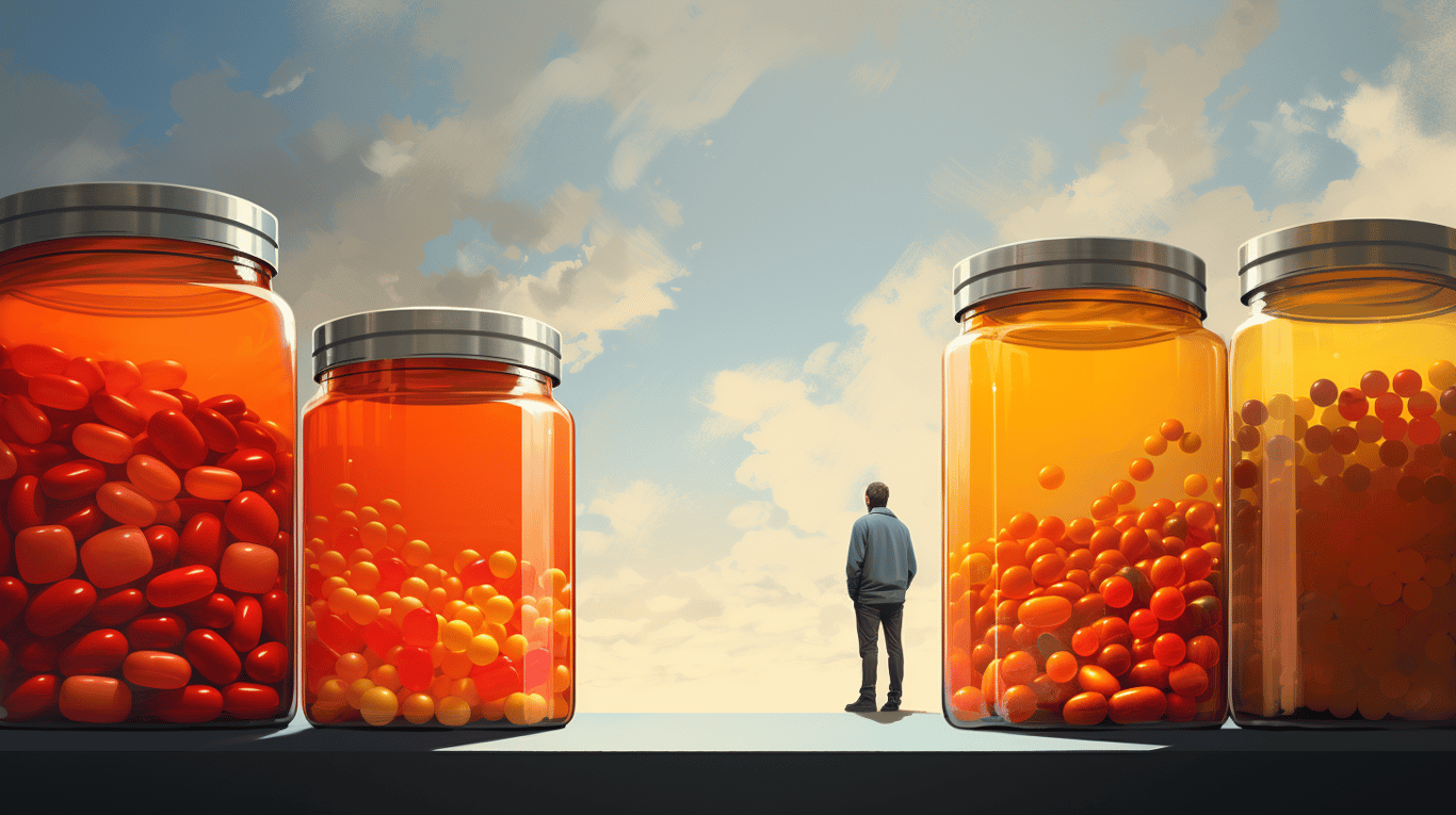 abstract image of a researcher studying a bottle of drug.