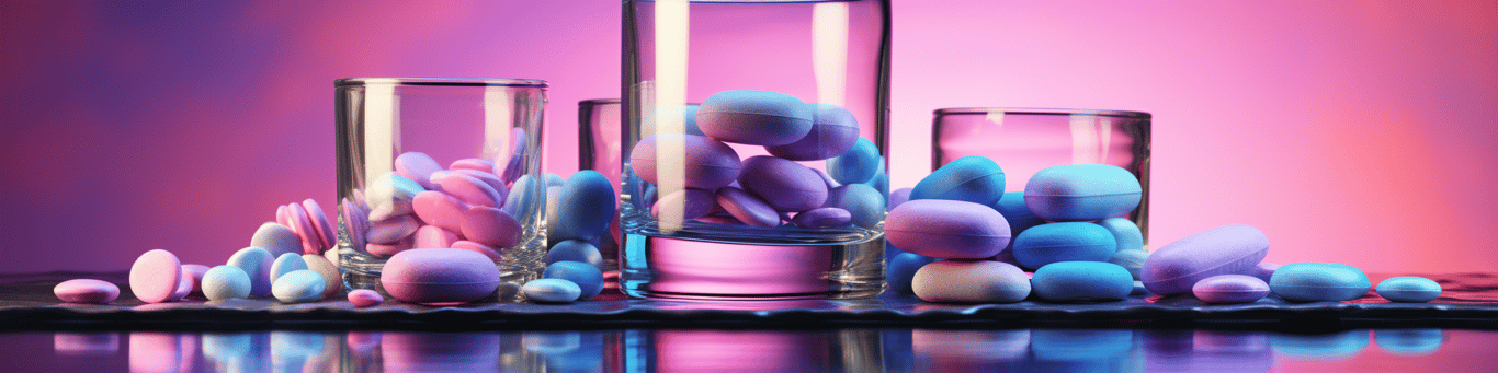 image of drug pills surrounding a glass of water symbolizing drug consumption