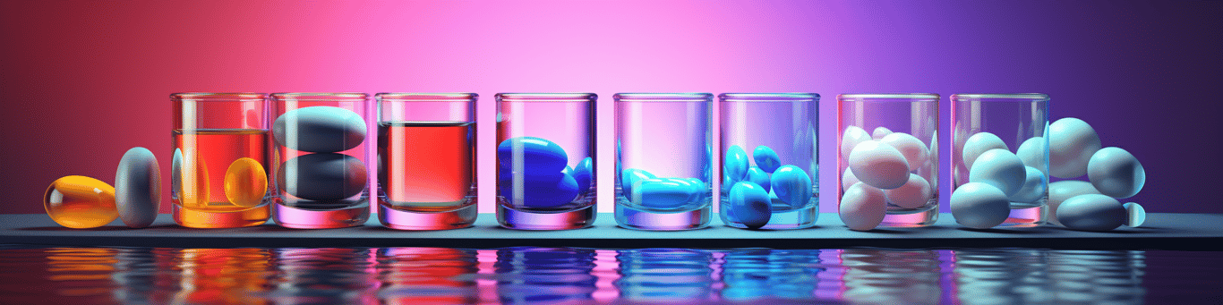 image of drug pills surrounding a glass of water symbolizing drug consumption