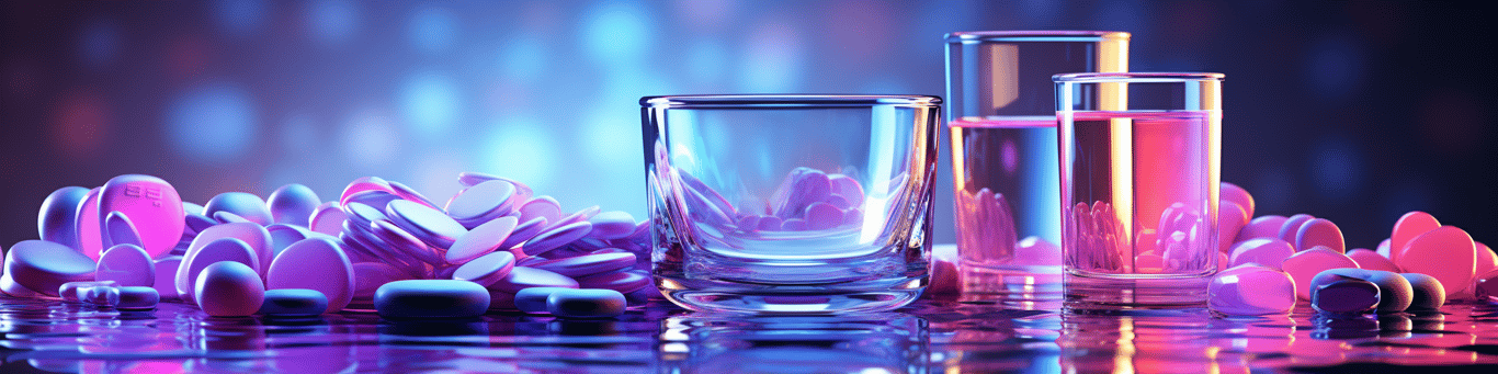image of drug pills surrounding a glass of water symbolizing drug consumption