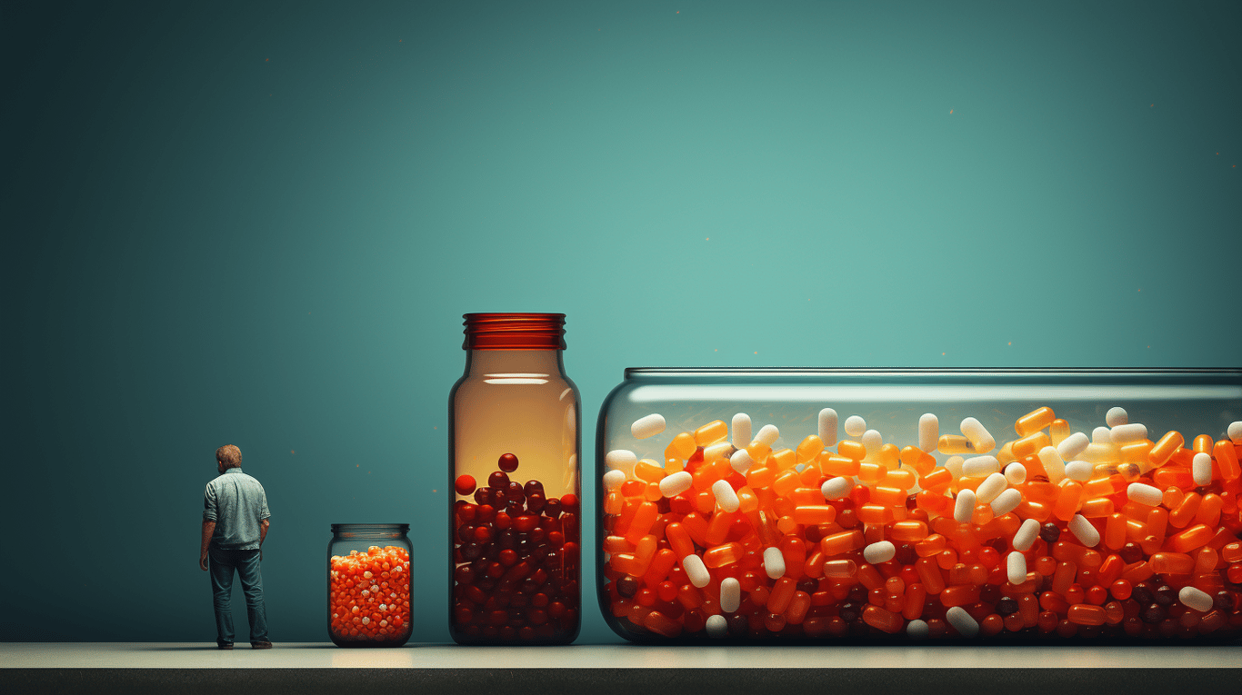abstract image of a researcher studying a bottle of drug.