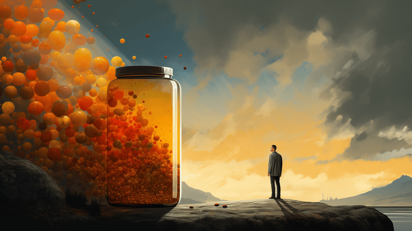 abstract image of a researcher studying a bottle of drug.