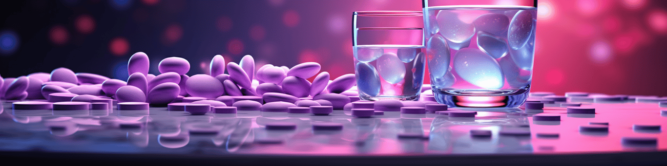 image of drug pills surrounding a glass of water symbolizing drug consumption