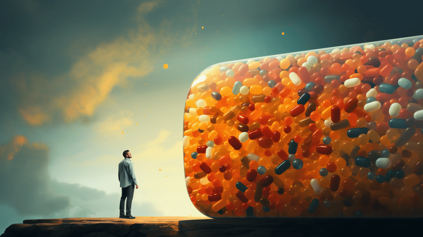 abstract image of a researcher studying a bottle of drug.