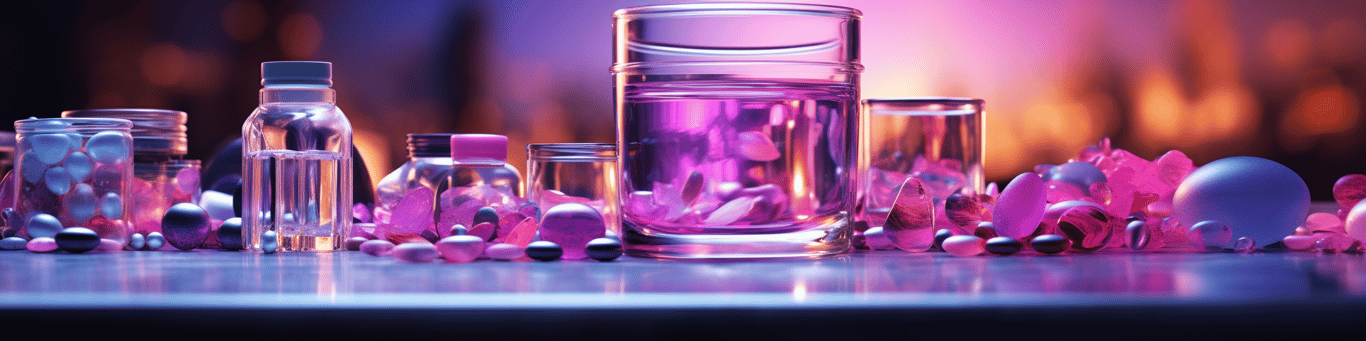 image of drug pills surrounding a glass of water symbolizing drug consumption