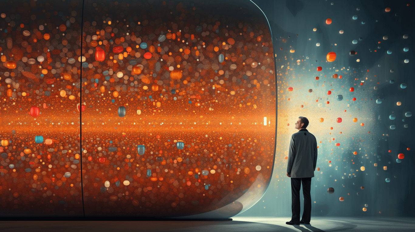 abstract image of a researcher studying a bottle of drug.