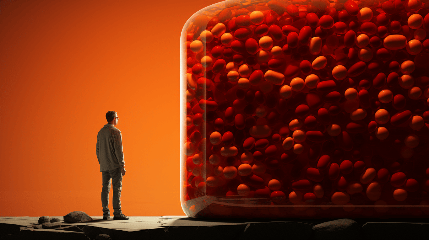 abstract image of a researcher studying a bottle of drug.