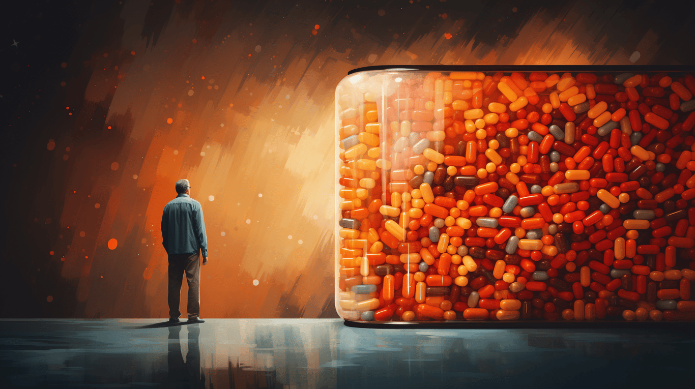 abstract image of a researcher studying a bottle of drug.