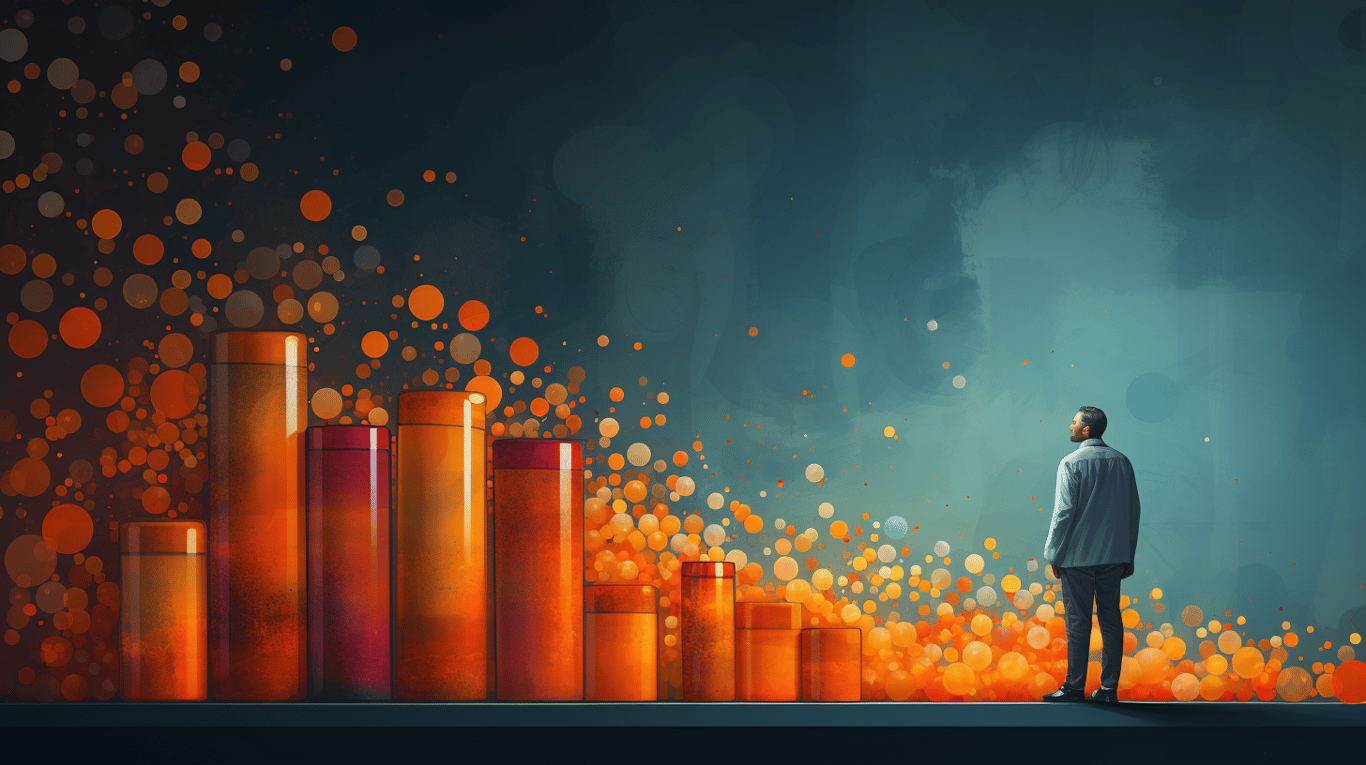 abstract image of a researcher studying a bottle of drug.