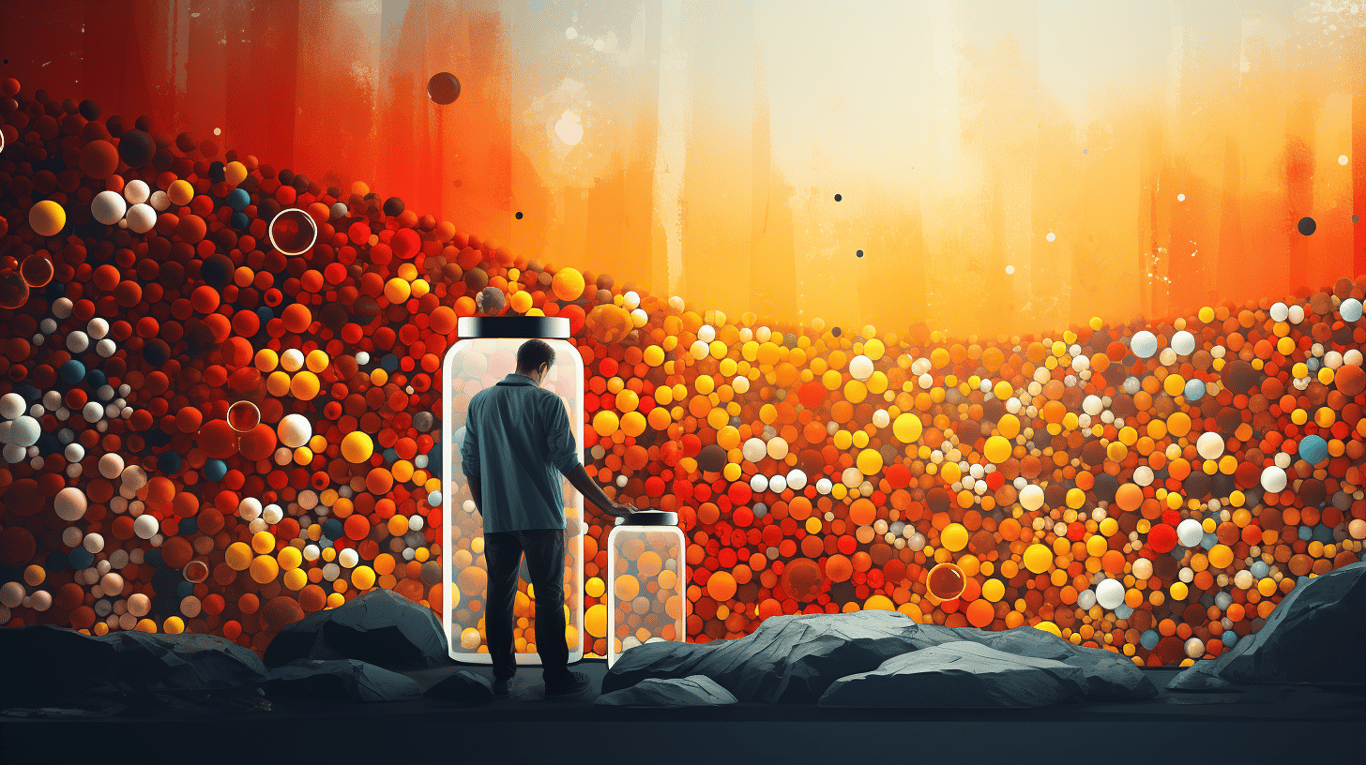 abstract image of a researcher studying a bottle of drug.