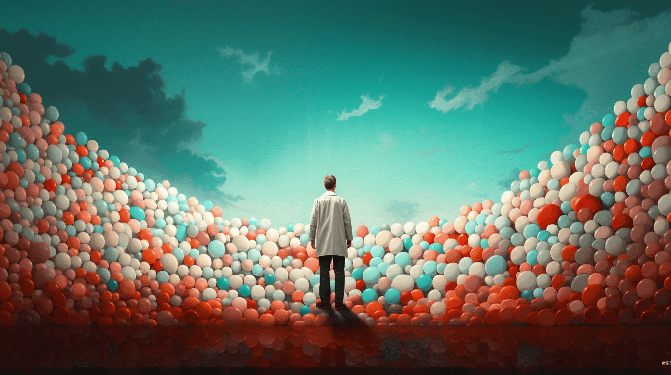 abstract image of a researcher studying a bottle of drug.