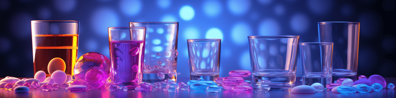 image of drug pills surrounding a glass of water symbolizing drug consumption