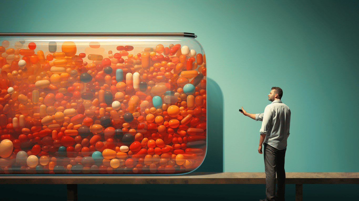 abstract image of a researcher studying a bottle of drug.