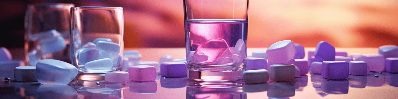 image of drug pills surrounding a glass of water symbolizing drug consumption