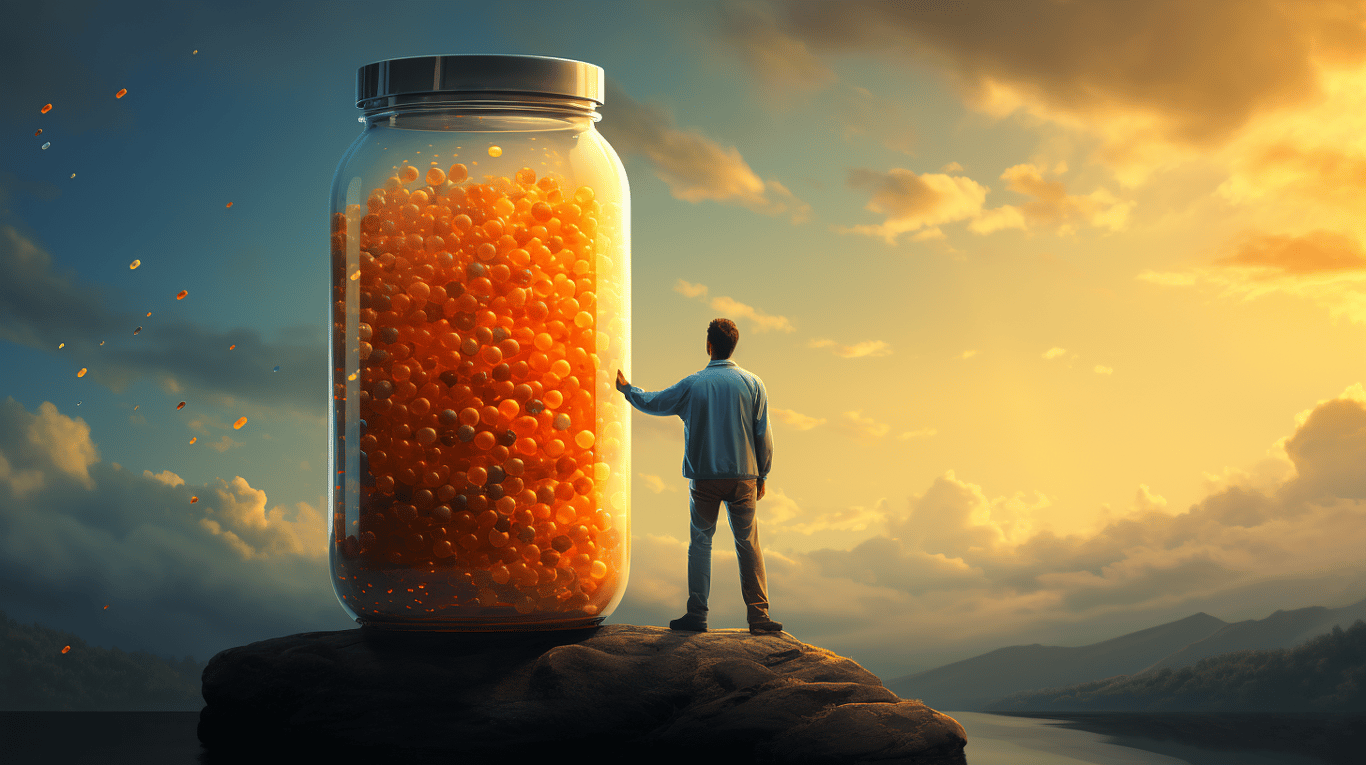 abstract image of a researcher studying a bottle of drug.