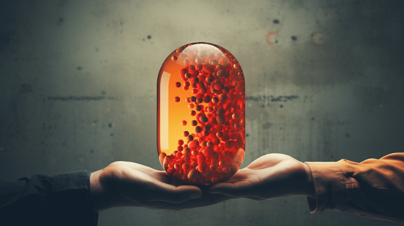 abstract image of a researcher studying a bottle of drug.