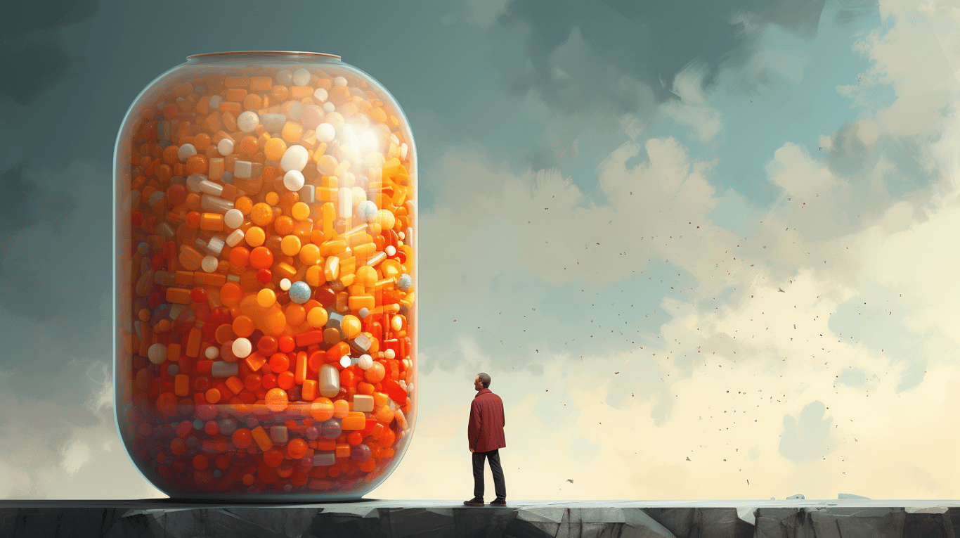 abstract image of a researcher studying a bottle of drug.