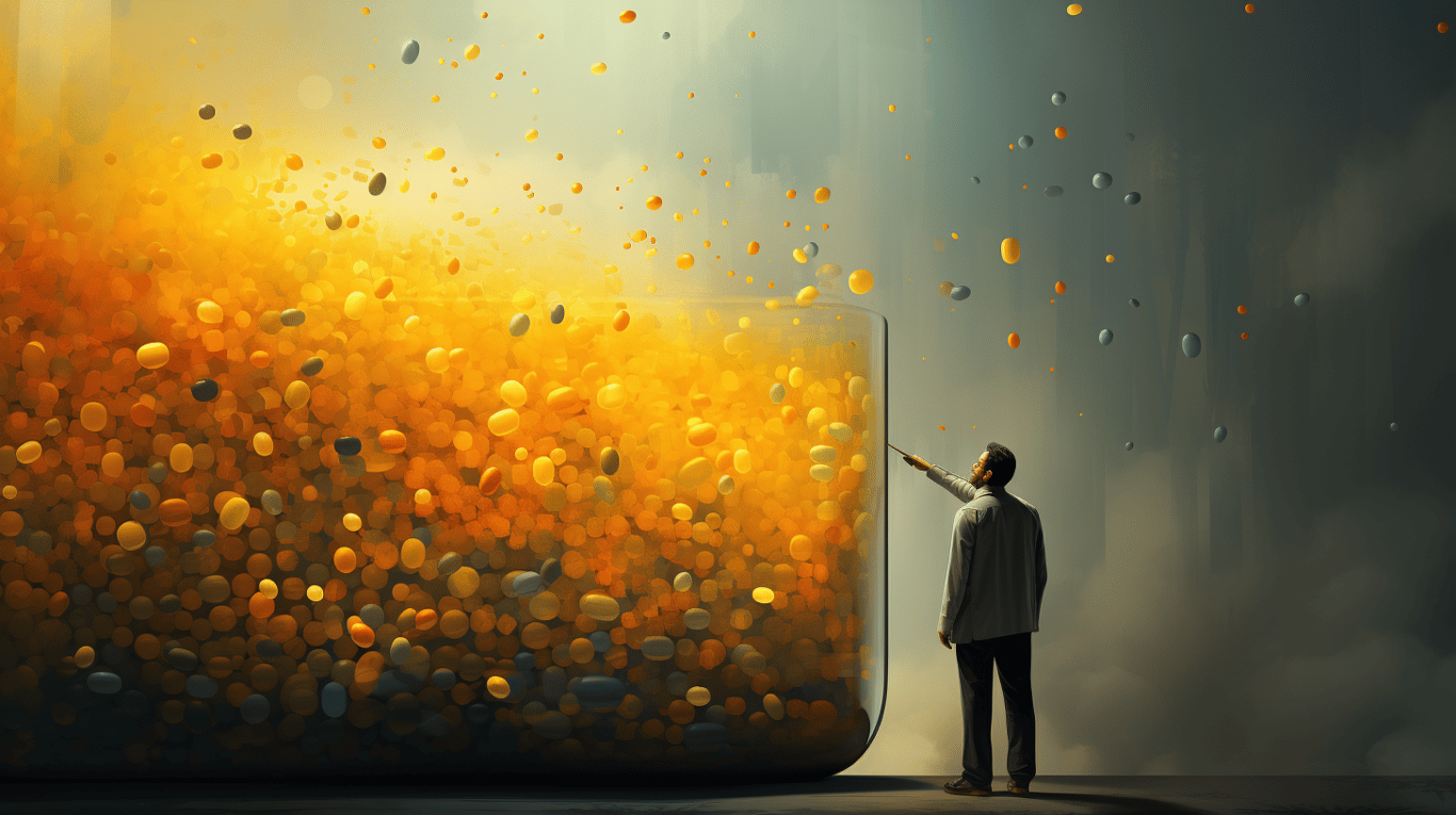 abstract image of a researcher studying a bottle of drug.